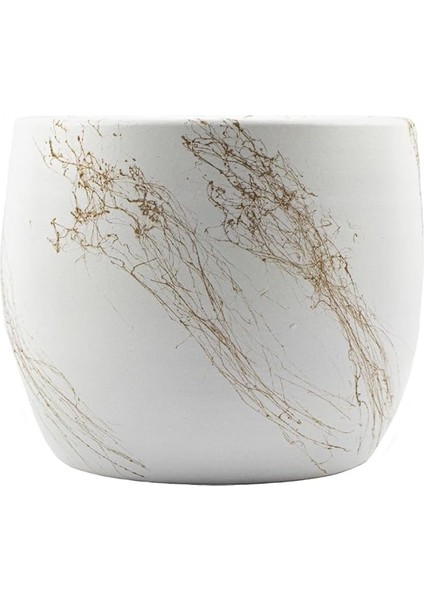 Tasarımı Ev Dekorasyon Aksesuar Beyaz Üzeri Gold Mermer Efektli Toprak Saksı Saksılık Salon Çiçeklik - 19 cm