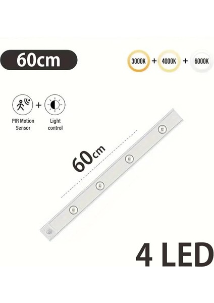 Şarjlı Hareket Sensörlü LED Şerit Çift Modlu Sensörlü Veya Sürekli Işık Yatak Odası Banyo Mutfak Çalışma Odası Aydınlatma Ayarlanabilir 3 Farklı Işık Rengi 60CM 4'lü Işık (BS-1999-05) modelleri