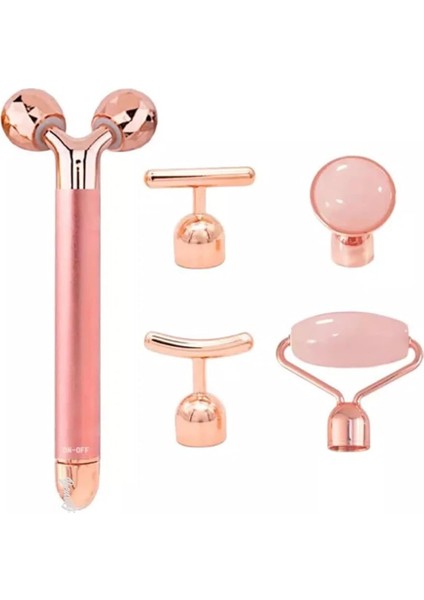 Vogue 3D Yüz Masaj Silindiri, 5 Başlıklı, Rose Quartz Titreşimli Cilt Bakım Cihazı, Profesyonel