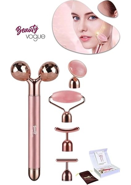 Vogue 3D Yüz Masaj Silindiri, 5 Başlıklı, Rose Quartz Titreşimli Cilt Bakım Cihazı, Profesyonel modelleri