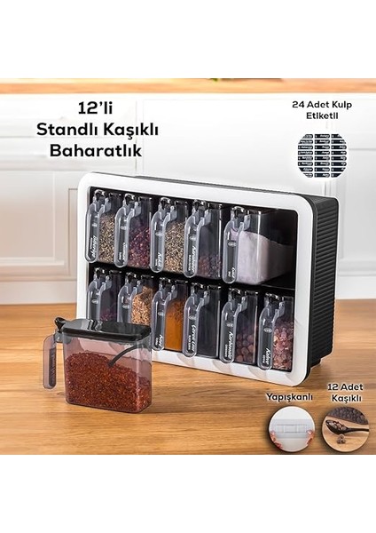 1165 Simple 12 Li Standlı Kendinden Yapışkanlı Kaşıklı Kapaklı Baharatlık Takımı - Siyah Beyaz fiyatları