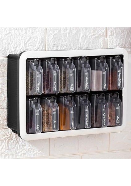 1165 Simple 12 Li Standlı Kendinden Yapışkanlı Kaşıklı Kapaklı Baharatlık Takımı - Siyah Beyaz indirimleri