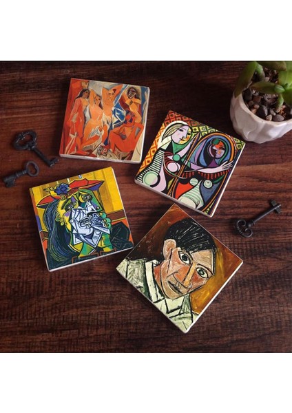 Stone Picasso Ağlayan Kadın, Avignonlu Kızlar, Ayna Karşısındaki Kız, Otoportre Taş Bardak Altlığı Seti - 4 Parça - Dekoratif, Rustik Mutfak Aksesuarı, 10X10 Cm, Kaydırmaz Tabanlı SC228