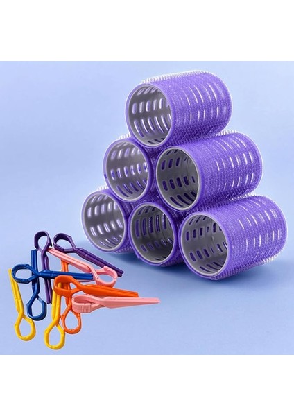1215 Büyük Boy Bigudi 6lı + Saç Pensi 10LU (Cırtlı - Yapışkanlı Bigudi) Mor