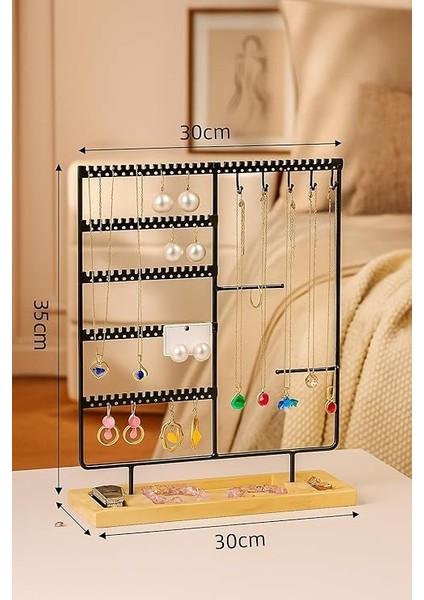 Takı Organizeri, Takı Standı Metal Stand ve Ahşap Taban, 35X30X9.5 Cm, Küpe Kolye Yüzük Düzenleyici, Siyah fiyatları