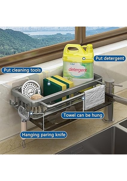 Minimalist Koyu Gri Lavabo Düzenleyici, Tahliye Tavası, Kancalar, Duvara Montaj, Mutfak ve Banyo Aksesuarları Tutucu fırsatları