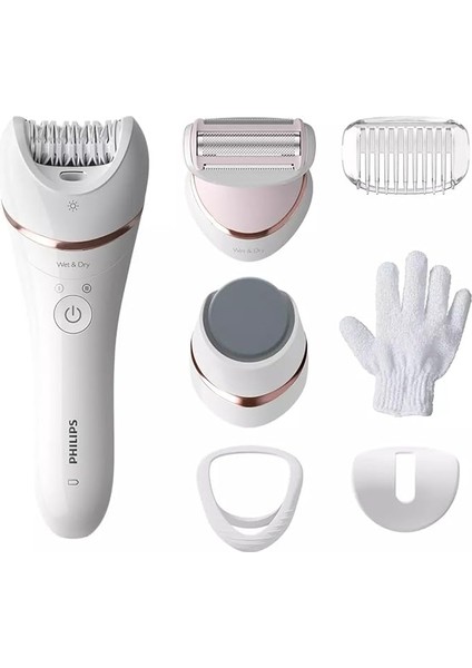 Epilasyon Cihazı, Islak ve Kuru Kablosuz Kullanım, LED Işık, Ekstra Geniş Başlık, Hassas Bölge Başlığı, Pedikür Ayak Törpüsü, 6 Aksesuar Dahil, Beyaz Renk, BRE730/05