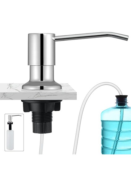 Mutfak Evyesi Sabunluk, Tezgaha Evye Montajı Için Deterjan Dispenseri, 500 ml Şişe ve Üstten Doldurmalı 1 M Uzatma Hortumlu Sabun Pompası Aksesuarı Paslanmaz Çelik, Krom Cilalı
