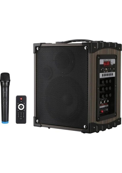 Ahşap Kumandalı Profesyonel Şarjlı Telsiz 1 Mikrofonlu Amfili Hoparlör Sistemi 16,5 cm