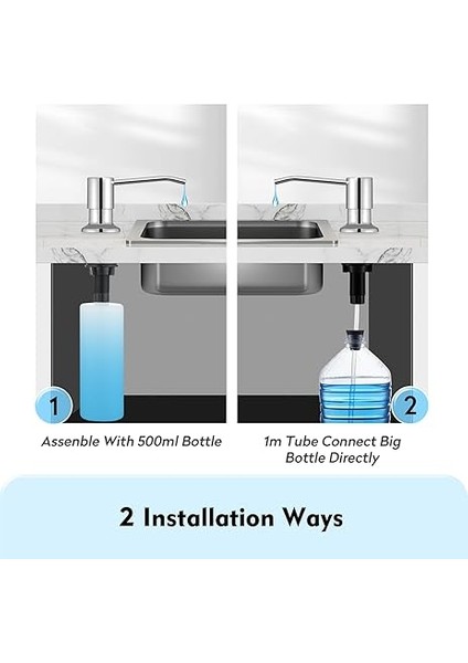 Mutfak Evyesi Sabunluk, Tezgaha Evye Montajı Için Deterjan Dispenseri, 500 ml Şişe ve Üstten Doldurmalı 1 M Uzatma Hortumlu Sabun Pompası Aksesuarı Paslanmaz Çelik, Krom Cilalı indirimleri