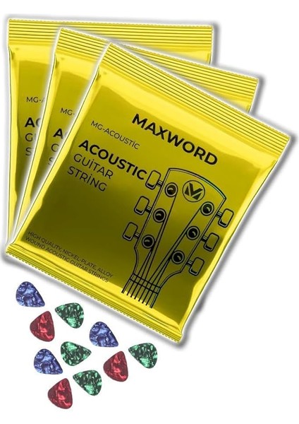 Gt-Acoustic-3x Kaliteli Akustik Gitar Teli 3 Takım Set (10 Pena Hediye)