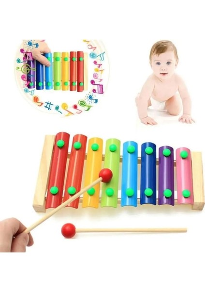Boy Ahşap Ksilofon 8 Nota 8 Ton 25 cm 8 Tuşlu Sesli Selefon Oyuncak Eğitici Nostaljik