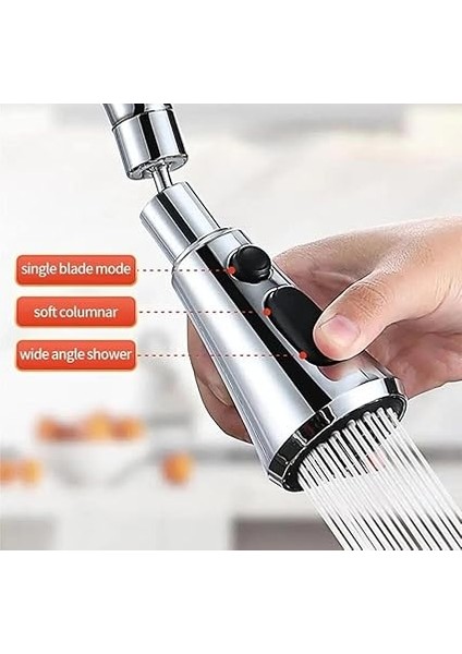 Krom 3 Fonksiyonlu Mutfak Lavabo Başlığı, 720 Derece Döner, Su Tasarruflu, Şık ve Dayanıklı Tek Musluk Ucu indirimleri