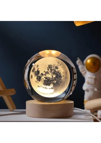 Kristal Cam Küre LED Işıklı USB Kablolu Ahşap Stantlı Gece Lambası Dekoratif Hediyelik (Dolunay)