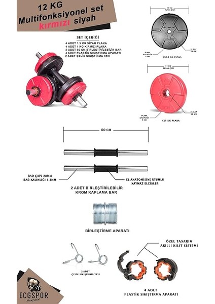 12 kg Multifonksiyonel Kırmızı Siyah Halter Seti ve Dambıl Seti modelleri
