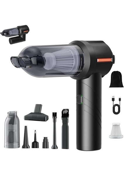 Model 15,000 Pa Ahv-06 Kablosuz Şarjlı, Katlanabilir 3 Kademeli 2ın1 Profesyonel Ultra Çekim Güçlü Mini Araç Süpürgesi (Siyah)