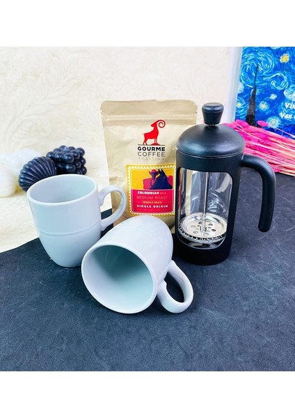 Filtre Kahve French Press ve 2'li Bulut Kupa Set