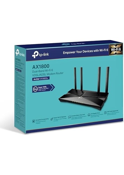 Archer VX1800V, AX1800 Mbps Çift Bantlı Fiber Destekli Wi-Fi 6 Vdsl/adsl Modem Router, 4 Gigabit Lan Portları + 1 USB 2.0 Port, Mu-Mımo, Super Vdsl, Tether Uygulaması ile Kolay Kurulum indirimleri