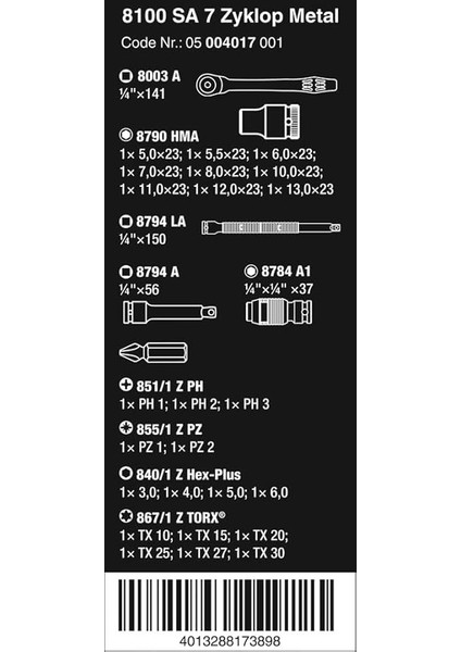05004017001 8100 Sc 7 Zyklop Metal Cırcır Seti, Kare Geçme, 1/4 Inç Tahrik, Metrik, 28 Parça fiyatları