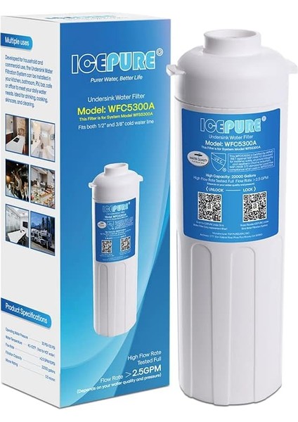 WFC5300A Lavabo Altı Su Filtresi Sistemi, 3 Yıl Veya 22000 Galon Ultra Yüksek Ömür, Icepure WFS5300A Lavabo Altı Su Filtrasyon Sistemi Için Değiştirme, Ağır Metalleri Çıkarır, Klor