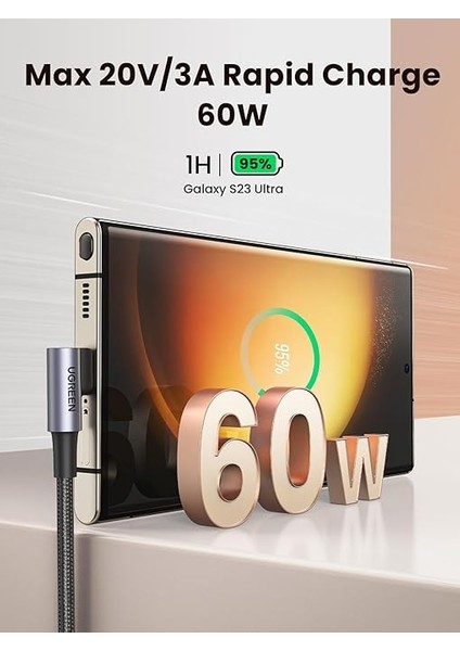 Usb-C To Usb-C 60W 3A Qc Pd Çift Tarafı 90 Derece Örgülü Hızlı Şarj Kalosu, 2 Metre, Siyah modelleri