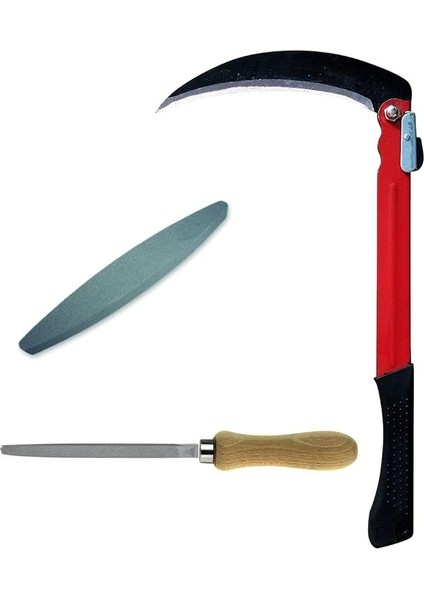 Katlanır Tırpan Ağaç Dal Ot Çalı Kesme Budama Orak ve Tırpan Taşı Eğe Bileme Seti 3 Parça Bahçe Seti