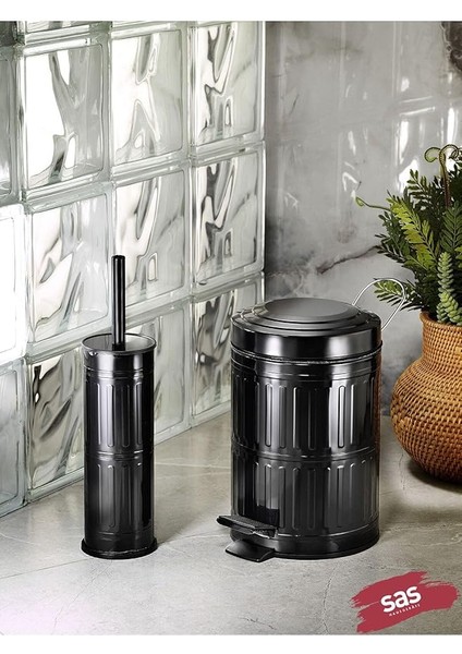 Haus Pedallı Çöp Kovası Tuvalet Wc Fırçası Banyo Çöp Kovası 2'li Banyo Seti 5 Litre Siyah Vintage