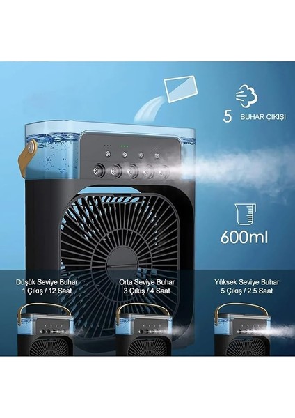 Işıklı 5 Spreyli Vantilatör Buzlu Buharlı Vantilatör Mini Fan Nemlendirici Siyah fiyatları
