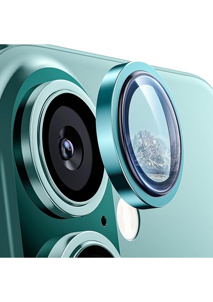 iPhone 16 ve 16 Plus ile Uyumlu Alüminyum Alaşım Çerçeveli ve 9h Sertliğinde Temperli Camlı Lens Koruyucu (Yeşil, Sapphire Glass)
