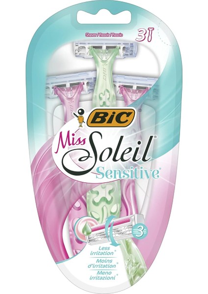 Miss Soleil Sensitive Kadın Tıraş Bıçağı 3'lü Blister (3 Bıçak), Oynar Başlık, Aloe Vera ile Zenginleştirilmiş Kayganlaştırıcı Jel Şerit
