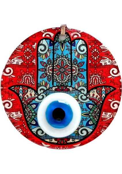 Ananın Bereket Eli Desenli Nazar Boncuklu Kırmızı Duvar Süsü