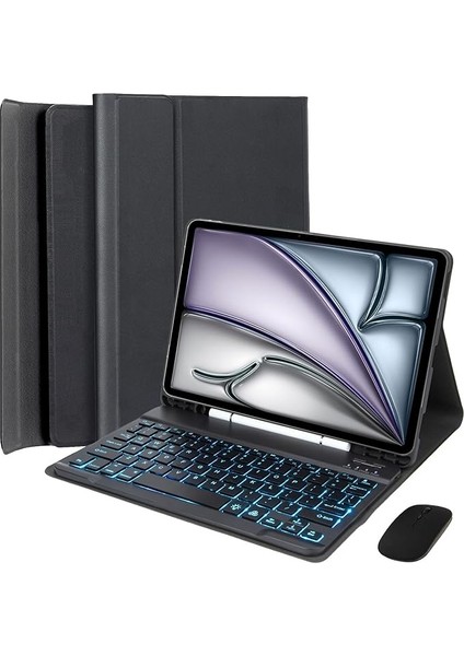 Klavye Kılıfı iPad Air 13 Inç (M3 2025/M2 2024), 7 Renkli Aydınlatma Manyetik Çıkarılabilir Bluetooth Almanca Qwertz Klavye, Akıllı Ince Kılıf, Kalem Tutucu ve Fare Ile, Siyah