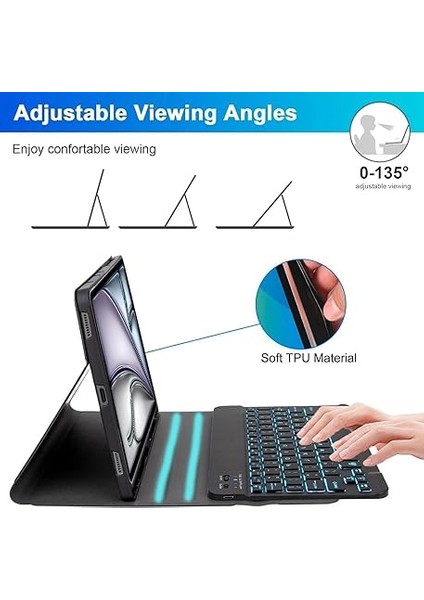 Klavye Kılıfı iPad Air 13 Inç (M3 2025/M2 2024), 7 Renkli Aydınlatma Manyetik Çıkarılabilir Bluetooth Almanca Qwertz Klavye, Akıllı Ince Kılıf, Kalem Tutucu ve Fare Ile, Siyah fırsatları
