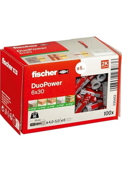 Duopower 6 x 30, Evrensel Dübel, Güçlü 2 Bileşenli Dübel, Beton, Tuğla, Taş, Alçı Karton Vb. Sabitlemek Için Plastik Dübel, Vidasız, 100 Adet