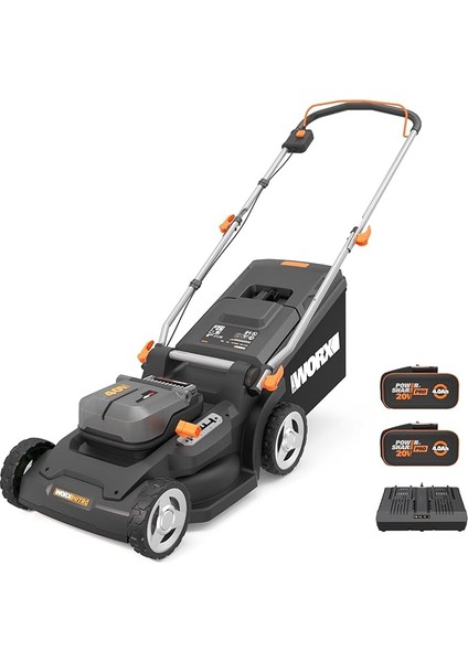 WG737E Nitro Akülü Çim Biçme Makinesi 40 V (2 x 20 V) – Güçlü Fırçasız Motor – 37 cm Kesme Genişliği – 6 Kesme Yüksekliği Kademesi (20 – 70 Mm) – 40 L Çim Toplama Torbası – 2 x 4 Ah Akü ve Çift