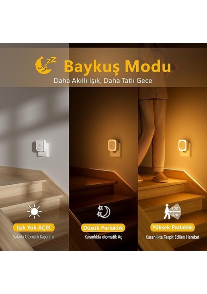 Hareket Sensörlü Soket Gece Lambası, 3 Sensör Modu, [2 Adet] Çocuk Odası, Banyo, Mutfak, Merdivenler, Yatak Odası, Amber Için Kısılabilir Gece Lambası modelleri
