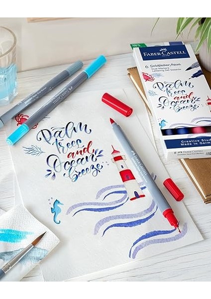 Goldfaber Aqua Çift Uç Markör Kaligrafi 6’lı Seaside, Fırça ve Fineliner, Solmaya Dayanıklı Mürekkep, Çevre Dostu fırsatları