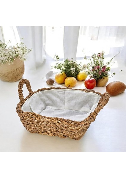 El Yapımı Doğal Hasır Kulplu Çok Amaçlı Dekoratif Kare Sepet, Hasır Kulplu Ekmek Sepeti (25X25X8 Cm)