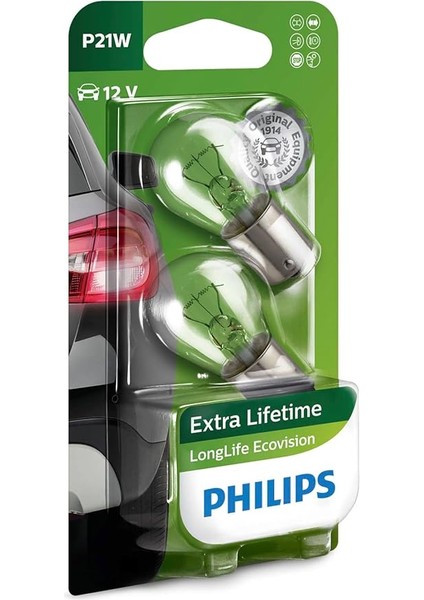 P21W Longlife Ecovision Geri Vites Park Ampül Tek Duy, 12V, 2'li Paket Otomotiv Ampulü