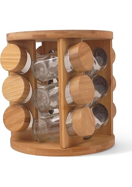 Bambu Döner Standlı Şık Baharat Seti 13 Parça, Mutfak Tezğahına Uygun Bambu Yer Kaplamayan Cam Şişe Dönerli Bambu Baharatlık, Bambu Baharat Takımı (Yuvarlak) fırsatları