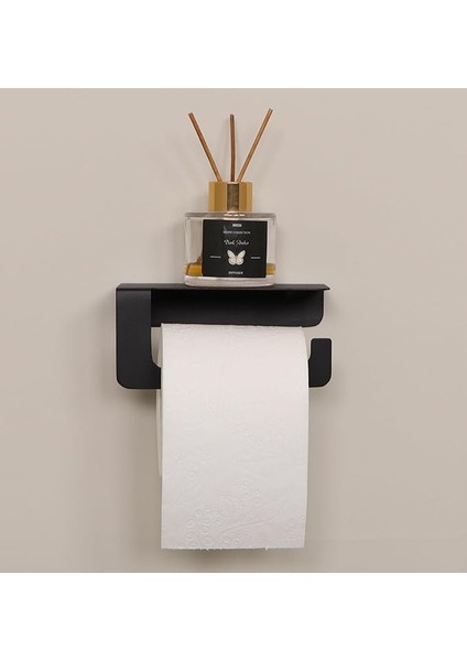 Yapışkanlı ve Vidalı Mat Siyah Telefon Raflı Tuvalet Kağıtlığı Wc Kağıtlık Tuvalet Kağıdı Askısı