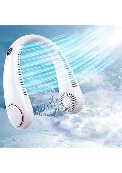 Nesil Boyun Askılı Giyilebilir Mini Fan 5 Kademeli Dijital Göstergeli Boyun Fanı Soğutucu Vantilatör Beyaz