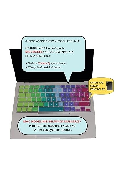 Macbook Air M1 13INÇ Klavye Koruyucu Türkçe Q Dazzle A2179 A2337 ile Uyumlu Pembe Yeşil fiyatları