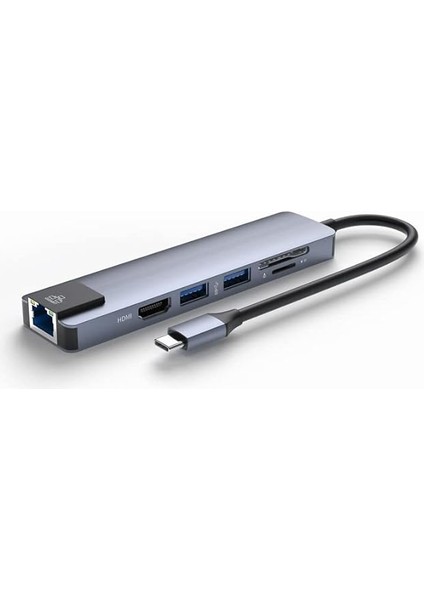 6 Port USB Hub 3.0 Type C Giriş Ethernet/hdmı Dönüştürücü Çoklayıcı Çoğaltıcı (Gri)
