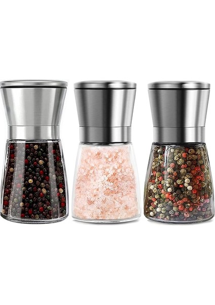 3 Adet Tuz ve Karabiber Değirmeni Seti, 180 ml Manuel Baharat Değirmeni, Ayarlanabilir Öğütücü, Cam Gövdeli Baharat, Tuz, Karabiber Için