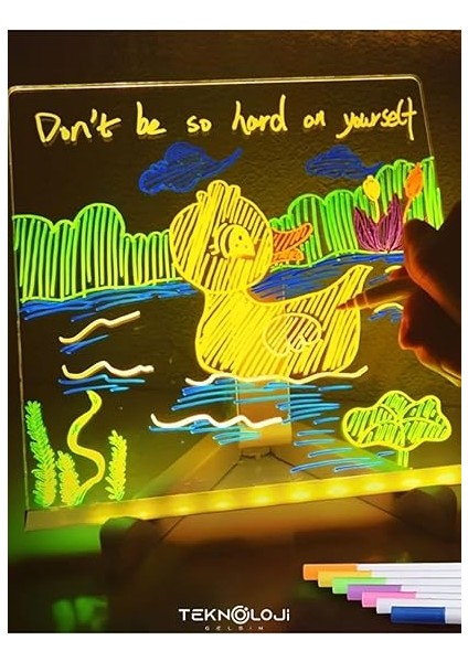 Çizim Tahtası LED Işıklı 20X30 cm 7 Kalem ve Stant Hediyeli Neon Işıklı Eğitici Not Tahtası fiyatları