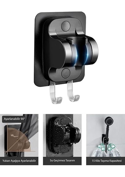 Siyah Askılıklı 3m Yapışkanlı Banyo Duş Mafsalı Duş Başlığı Askısı 15 kg Taşıma Kapasiteli Mafsal Tutacak fiyatları