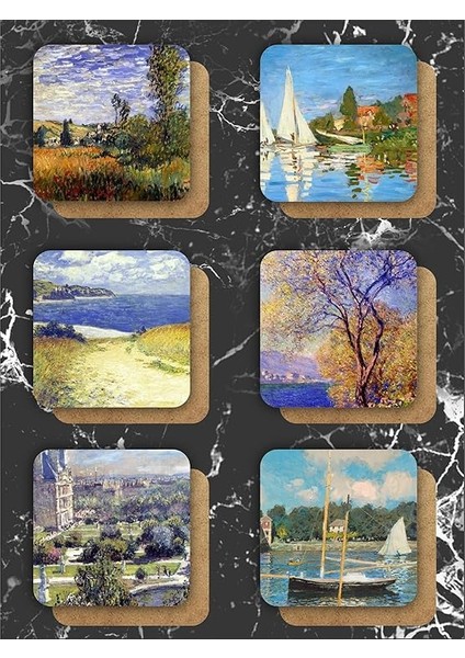 Claude Monet Temalı Ahşap Bardak Altlığı Ahşap Baskılı Altlık 6'lı Set (9 X9CM) KARBONNM20 modelleri