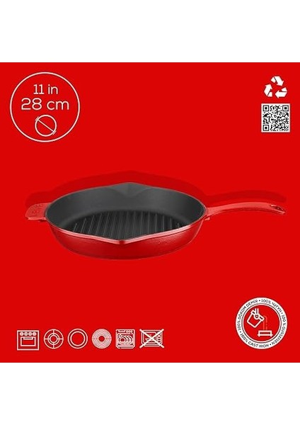 Spring Serisi - Döküm Izgara Tavası, Yuvarlak, 28 Cm, Mat Emaye, Parlak Siyah Taban, Kırmızı indirimleri