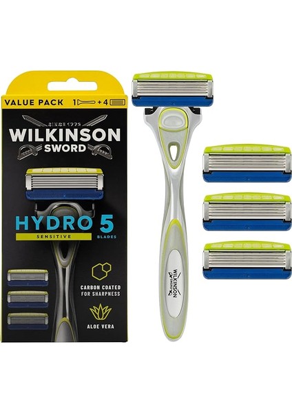 Sword - Hydro 5 Erkek Tıraş Makinesi | Aloe Vera Tahrişi Azaltmak Için | Hassas Nemlendirici Jel ve Düzeltici | Tıraş Makinesi + 3 Yedek Bıçak